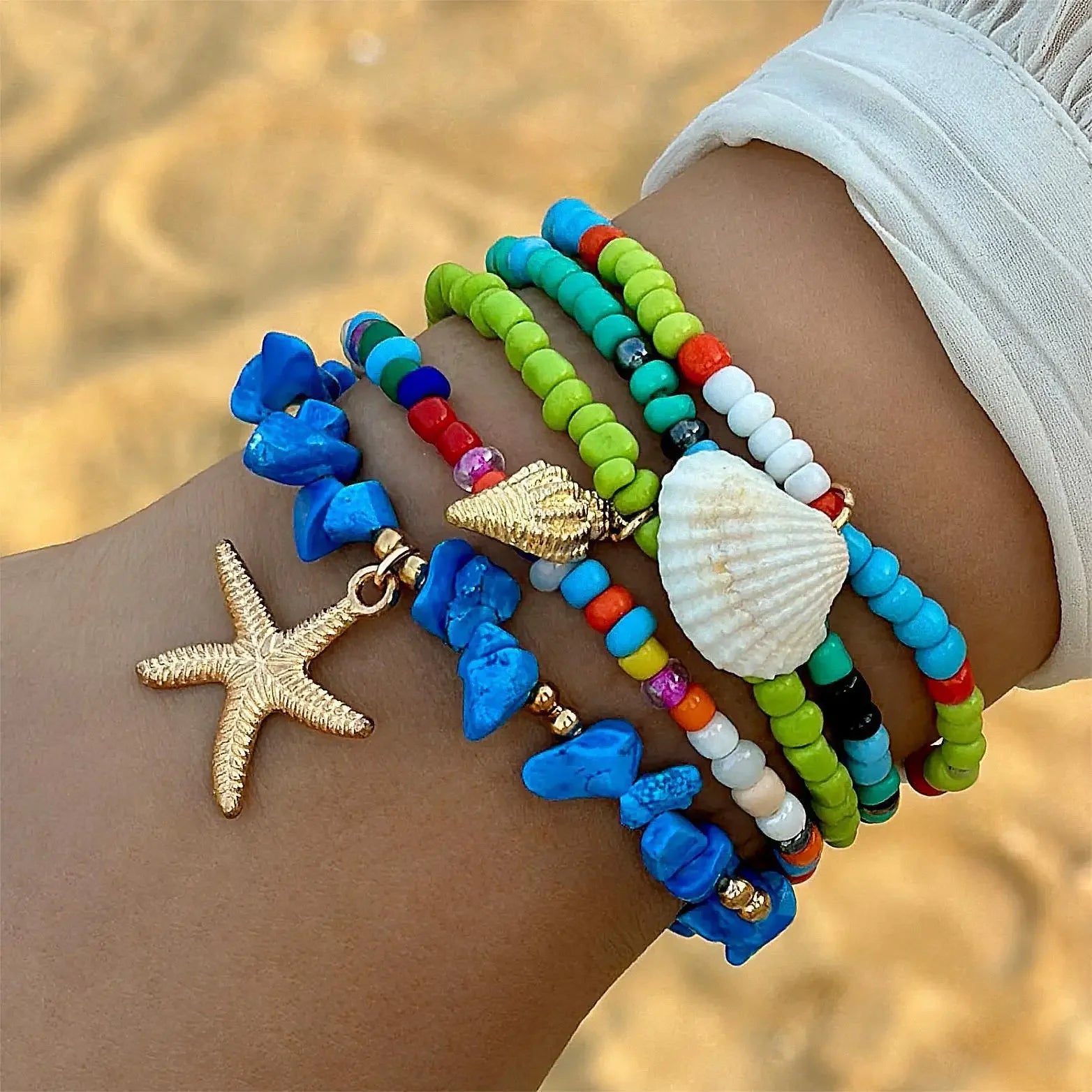Bracelets coquillages et étoiles de mer – Lot de 15 pièces – Esprit plage et été