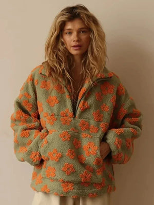 Pull Sweat Sherpa Fleurs Femme Doux Chaud Ample Style Cocooning - sweat-shirt GoHappy