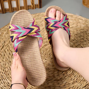 Mules femme lin léger semelle EVA maison été - tongs GoHappy