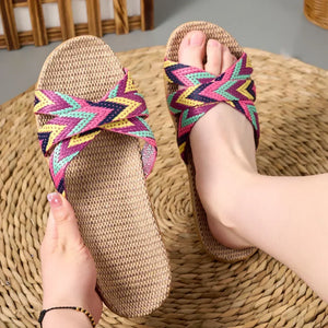 Mules femme lin léger semelle EVA maison été - tongs GoHappy