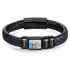 Bracelet en Cuir Homme Personnalisé Photo Famille Prénoms Gravés - bracelet prénoms homme GoHappy