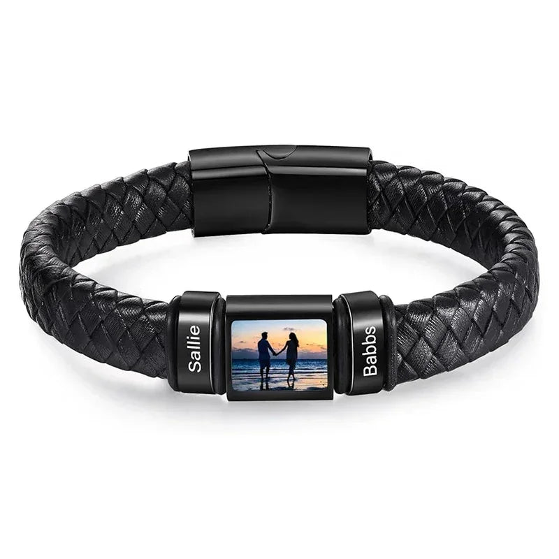 Bracelet en Cuir Homme Personnalisé Photo Famille Prénoms Gravés - bracelet prénoms homme GoHappy