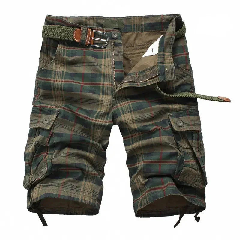 Short cargo homme été coton multipoches plage carreaux
