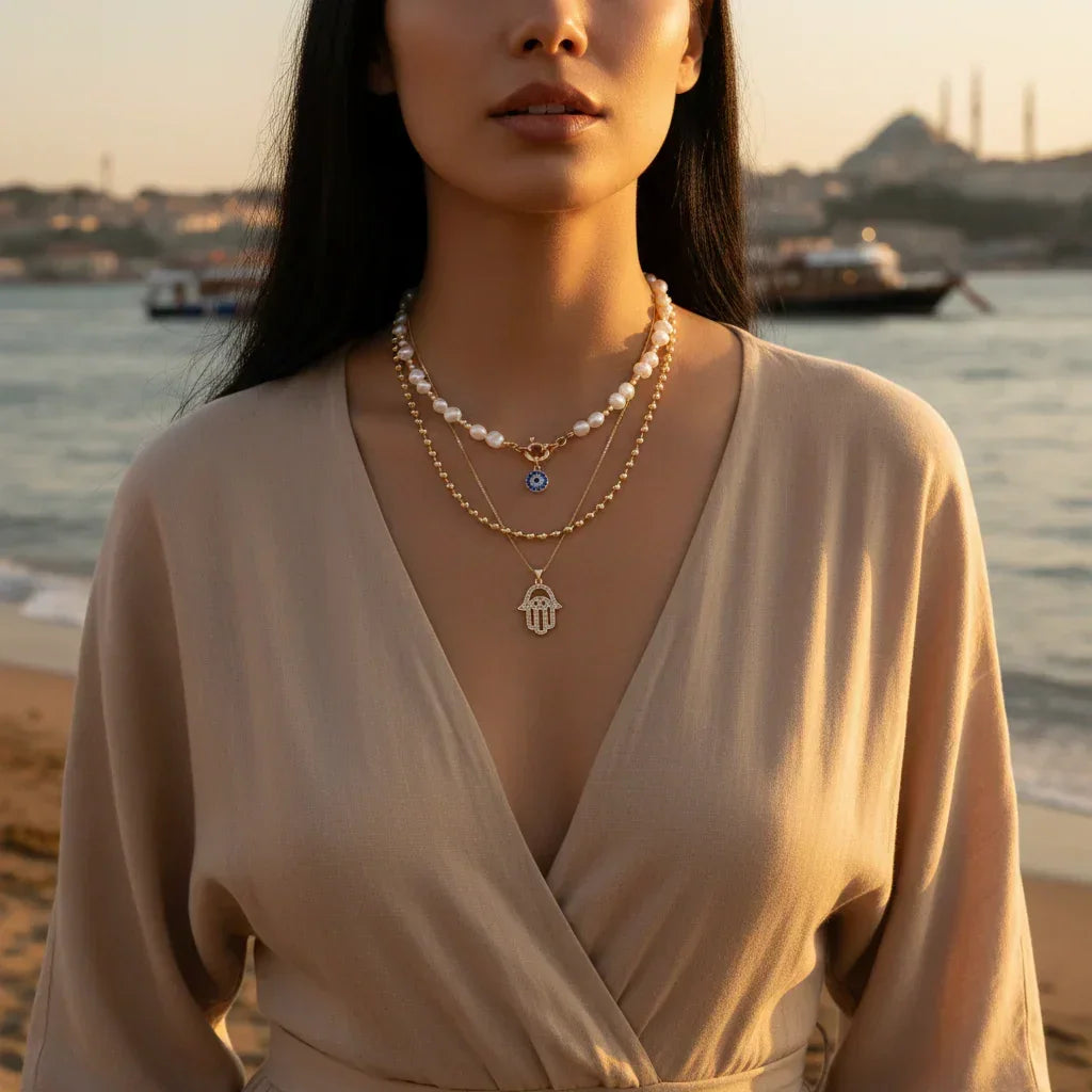 Colliers style bohème multirangs œil et croix - Colliers style bohème multirangs GoHappy