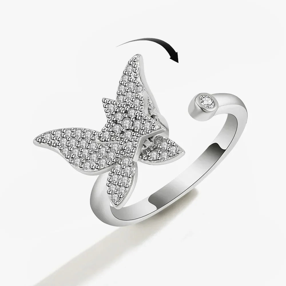 Bagues Spinner Rotatives Fleur Abeille en Cristal Argent Ajustables - bague femme GoHappy