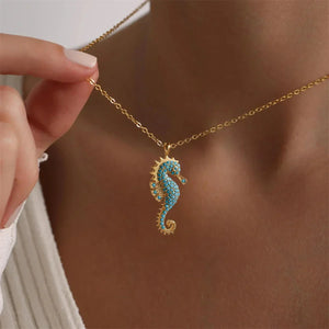collier hippocampe doré turquoise bijou tendance cadeau femme GoHappy.fr