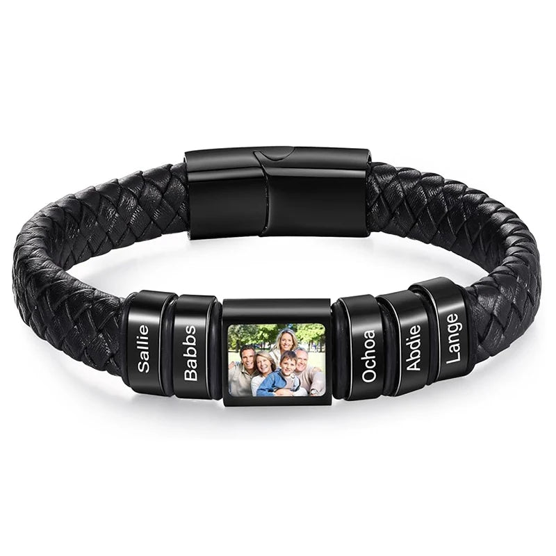 Bracelet en Cuir Homme Personnalisé Photo Famille Prénoms Gravés