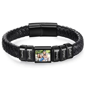 Bracelet en Cuir Homme Personnalisé Photo Famille Prénoms Gravés - bracelet prénoms homme GoHappy