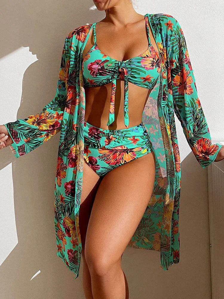 Maillot 3 pièces floral femme, taille haute, avec blouse légère