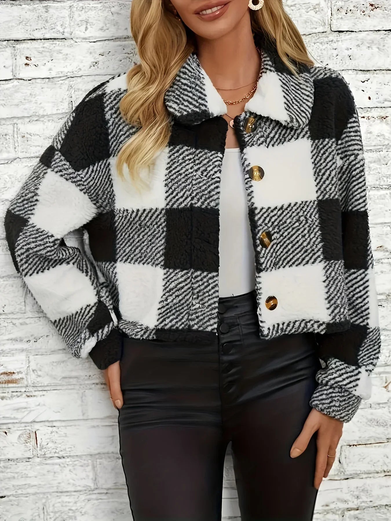 Manteau Court Teddy Femme Carreaux Chaud Automne Hiver Casual - manteau femme GoHappy