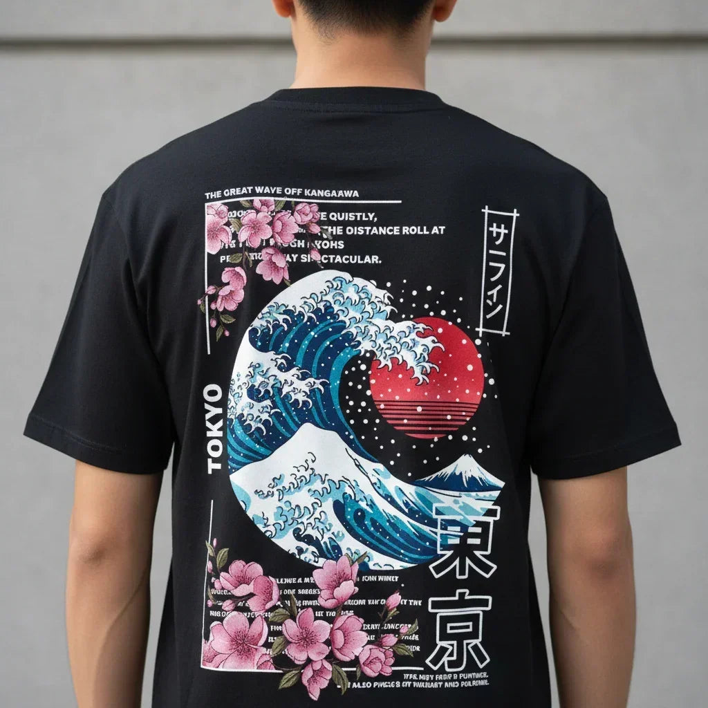 T-shirt Vague Hokusai Tokyo Homme Imprimé Dos Sakura Streetwear - t-shirt homme GoHappy