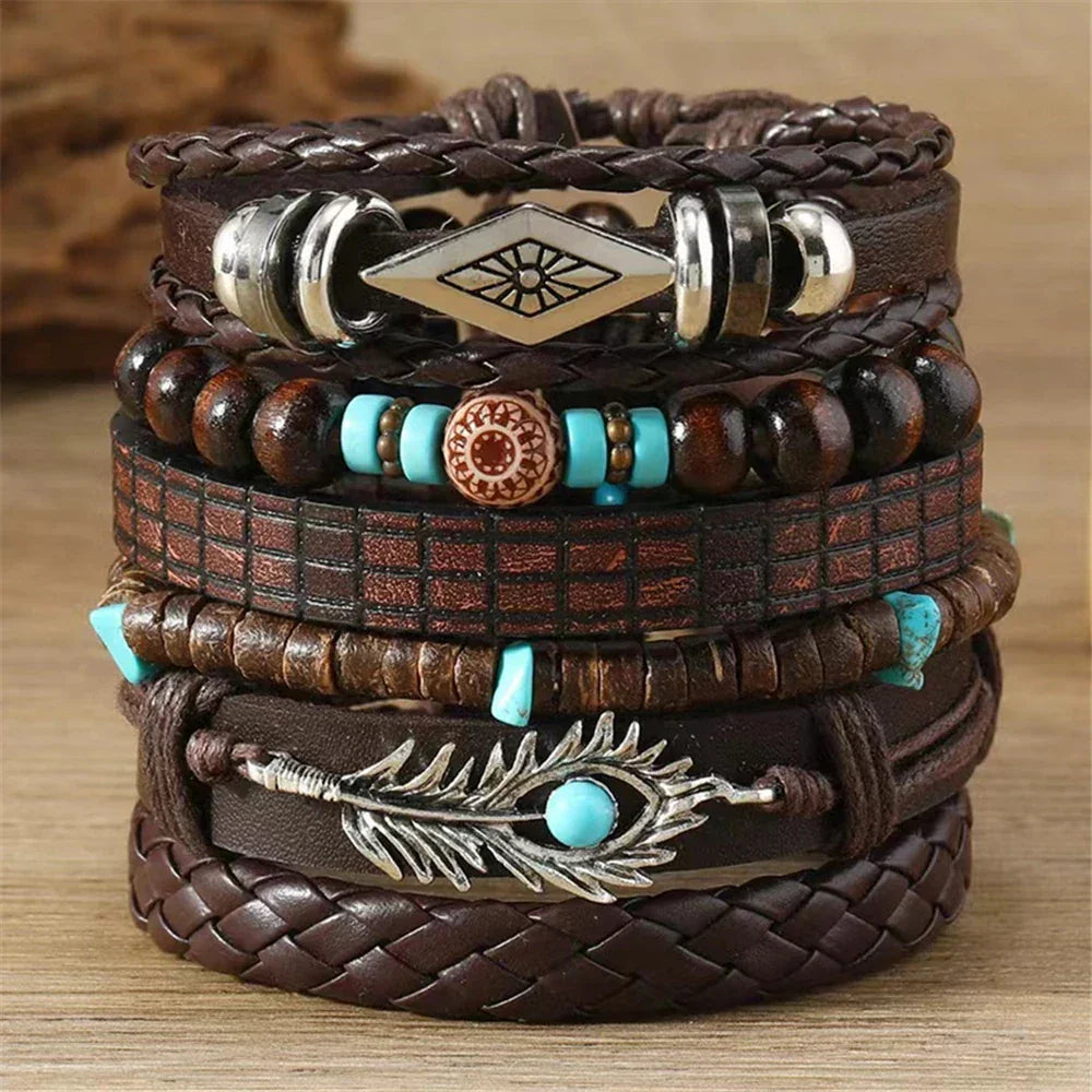 Bracelets ethniques en cuir et perles – Lot de 5 à 6 pièces – Style bohème et spirituel