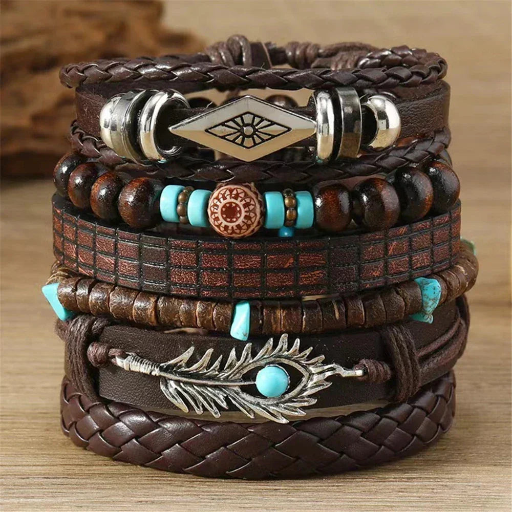 Bracelets ethniques en cuir et perles – Lot de 5 à 6 pièces – Style bohème et spirituel - bracelets cuir et pierres GoHappy