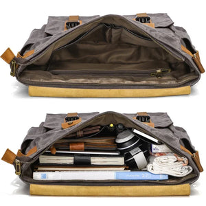 sac messager en toile de style vintage marron avec compartiments de rangement GoHappy.fr