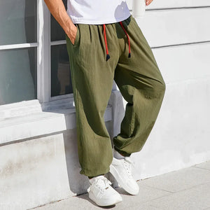 pantalon large homme coton lin kaki taille élastique cordon tendance confortable GoHappy France