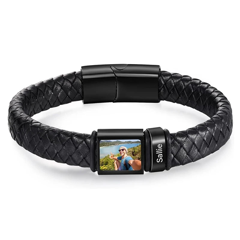 Bracelet en Cuir Homme Personnalisé Photo Famille Prénoms Gravés