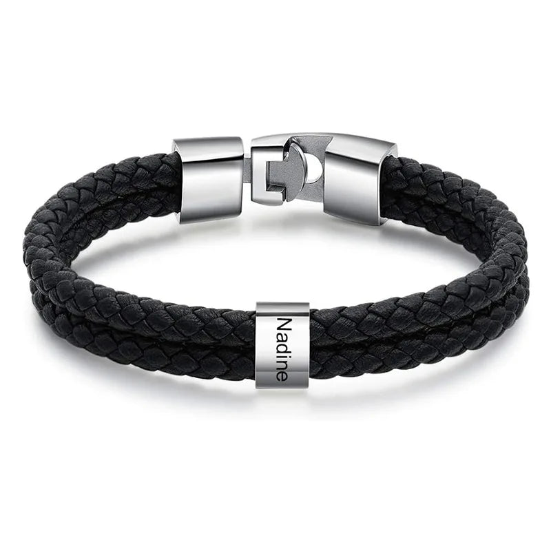 Bracelets Cuir Acier Personnalisé Gravure Prénoms Famille