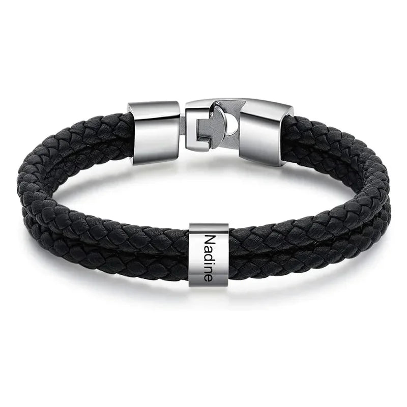 Bracelets Cuir Acier Personnalisé Gravure Prénoms Famille - bracelets personnalisables GoHappy
