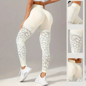 Legging Femme Ajouré Jacquard Taille Haute Slim Fitness Yoga - leggings GoHappy