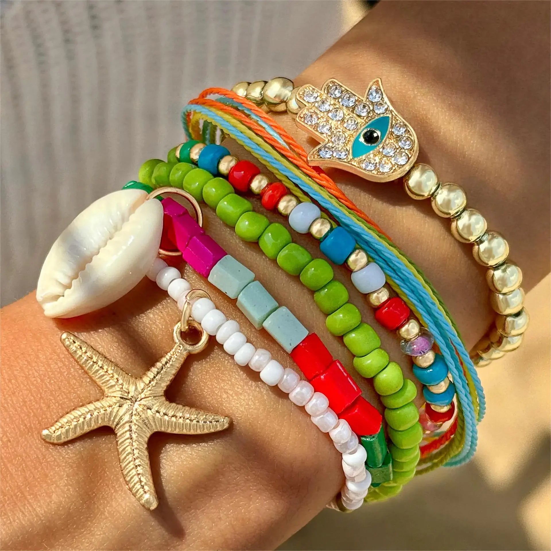 Bracelets coquillages et étoiles de mer – Lot de 15 pièces – Esprit plage et été