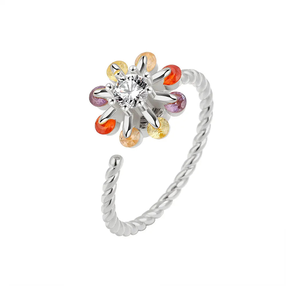 Bagues Spinner Rotatives Fleur Abeille en Cristal Argent Ajustables