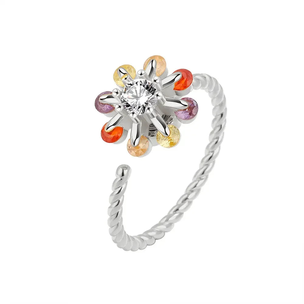 Bagues Spinner Rotatives Fleur Abeille en Cristal Argent Ajustables - bague femme GoHappy