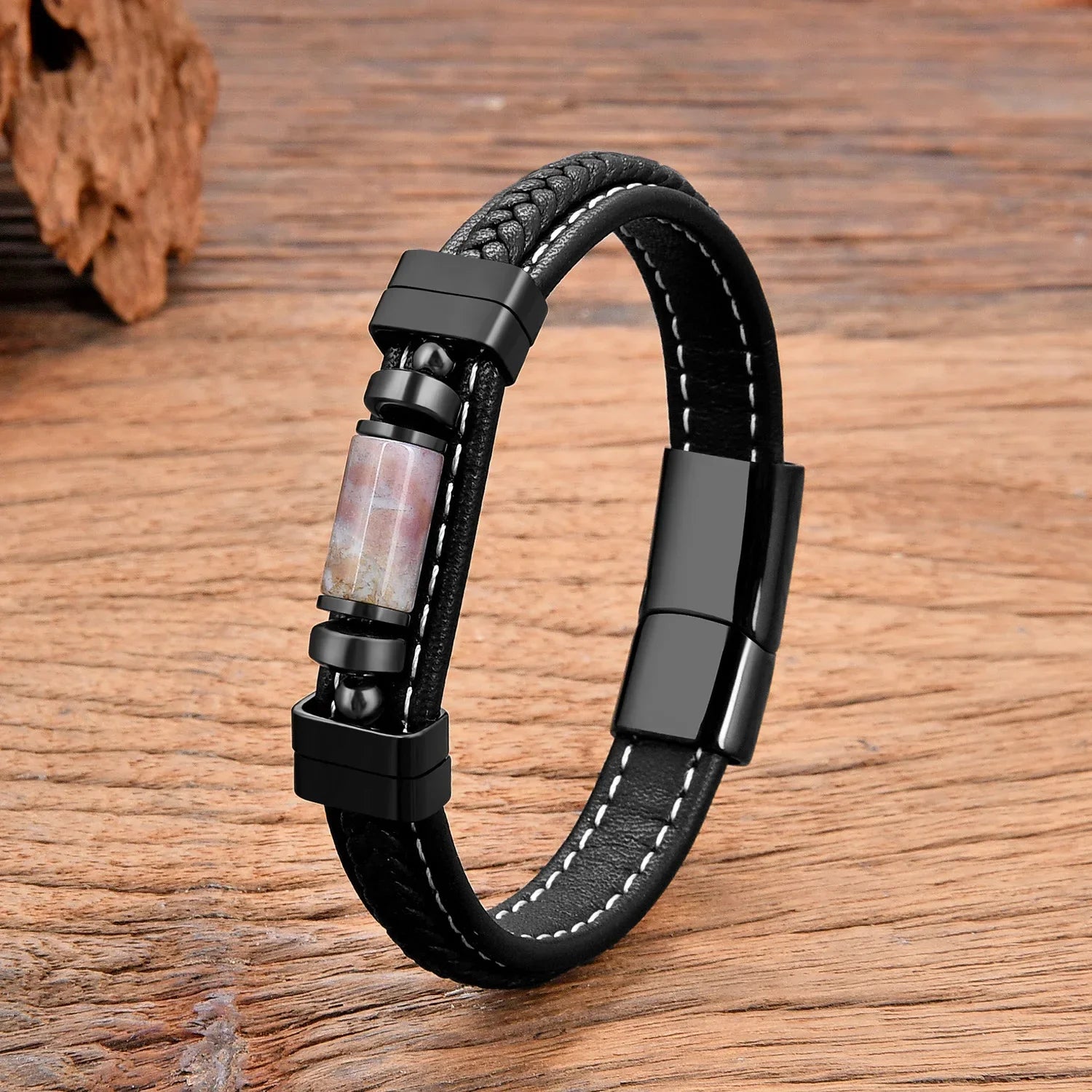 Bracelet Cuir Style et Bien-être en Pierres Naturelles pour Homme