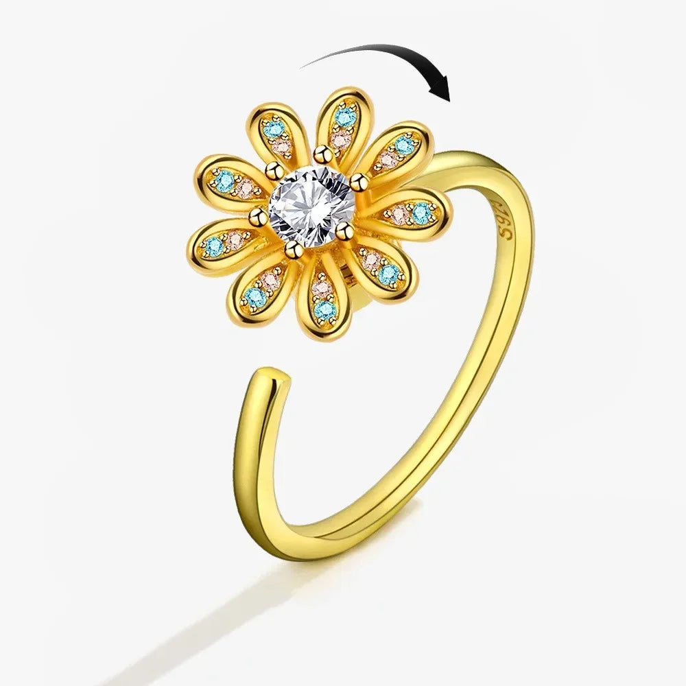 Bagues Spinner Rotatives Fleur Abeille en Cristal Argent Ajustables - bague femme GoHappy