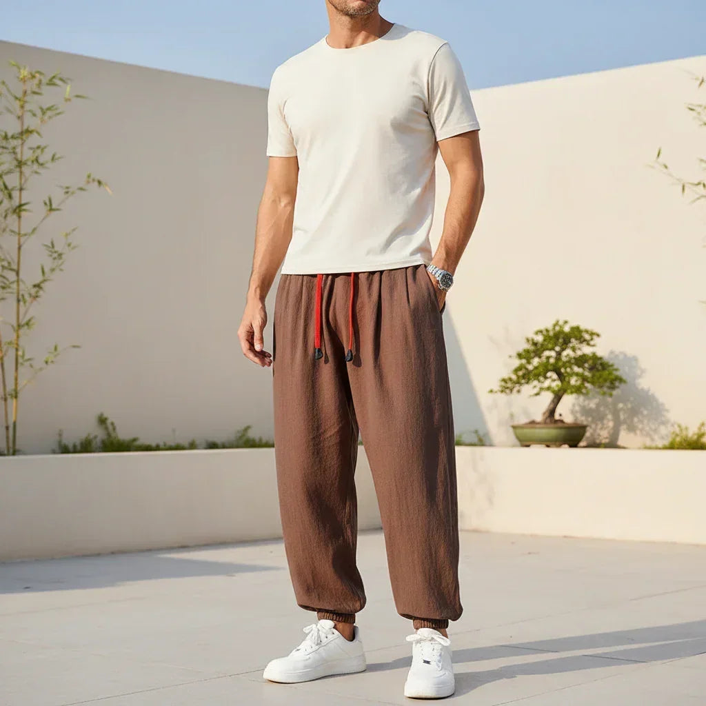 pantalon ample homme marron coton confortable lacet rouge mode été GoHappy France