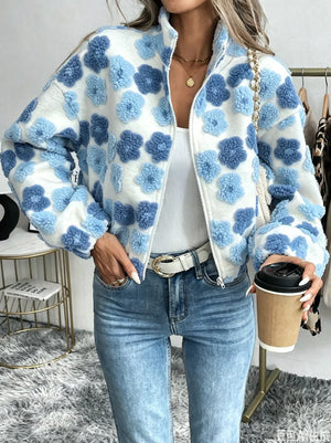 Bloom Days veste femme fleurie Bleu Azur fleurs bleues sur fond écru polyester zip col montant manches longues GoHappy France