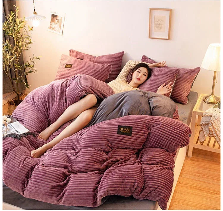 Parure Lit Velours 3 Pièces Housse Couette Taies Hiver