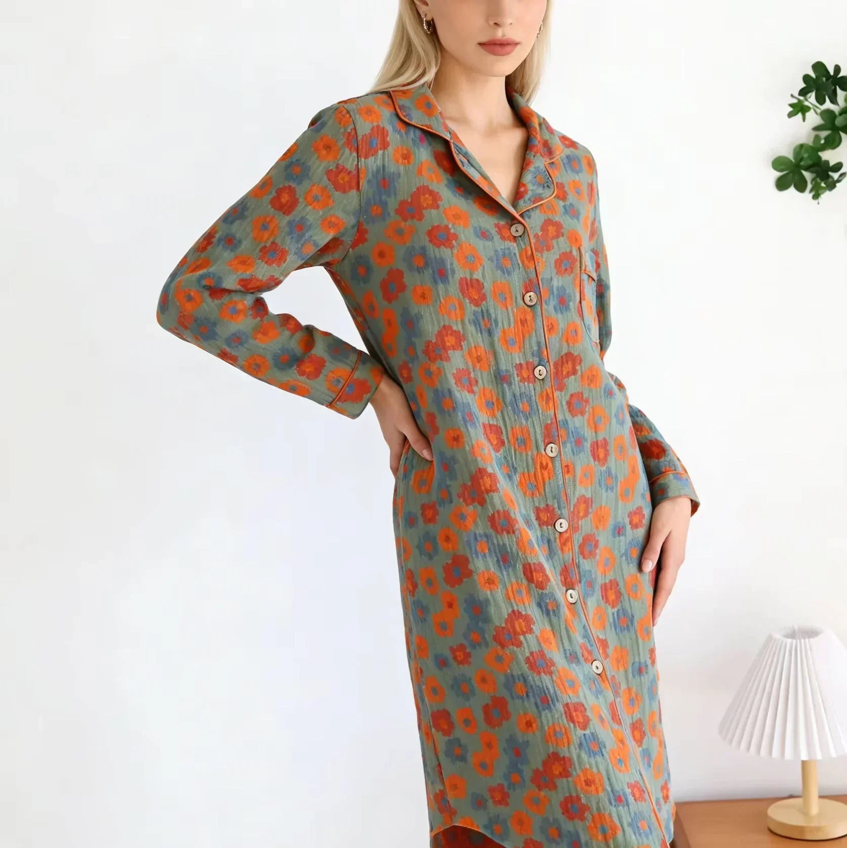 Chemise de Nuit Femme 100% Coton Floral Rétro Manches Longues - chemise de nuit GoHappy