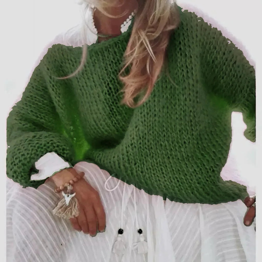 Pull femme Mila vert olive maille duveteuse manches longues encolure ronde GoHappy France