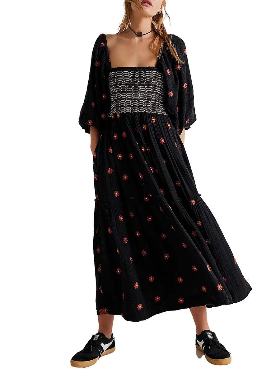 Robe Longue Bohème Trapèze à Volants et Fleurs Brodées - Robe GoHappy
