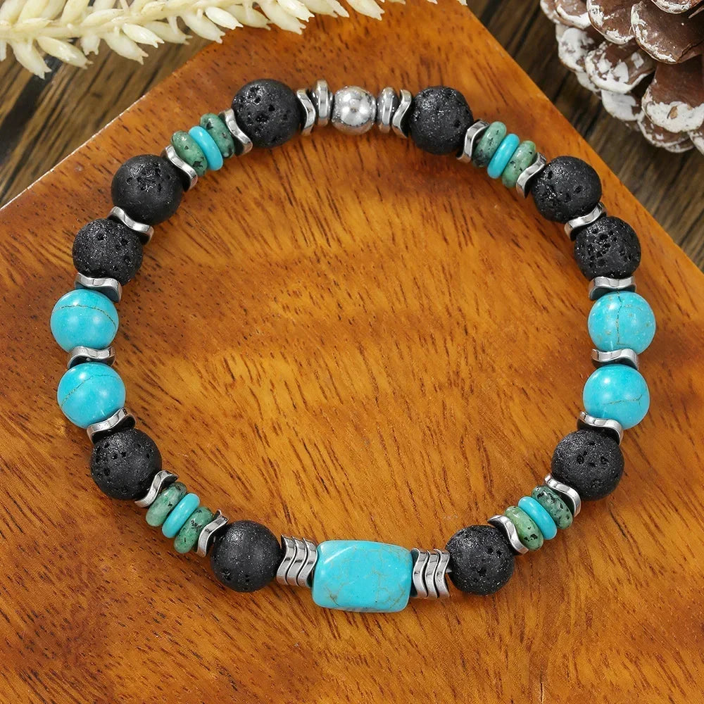 bracelet perles homme pierre turquoise et lave noire bijou tendance cadeau GoHappy.fr