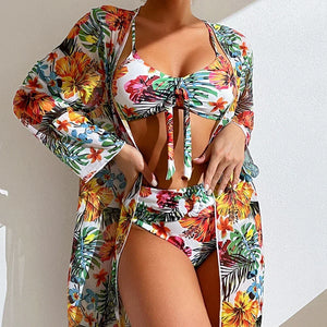 Maillot 3 pièces floral femme, taille haute, avec blouse légère - maillot de bain GoHappy