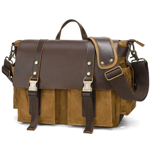 sac besace vintage cuir marron et toile beige style voyage GoHappy.fr
