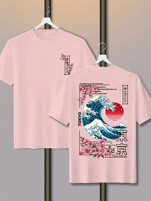 T-shirt Vague Hokusai Tokyo Homme Imprimé Dos Sakura Streetwear - t-shirt homme GoHappy