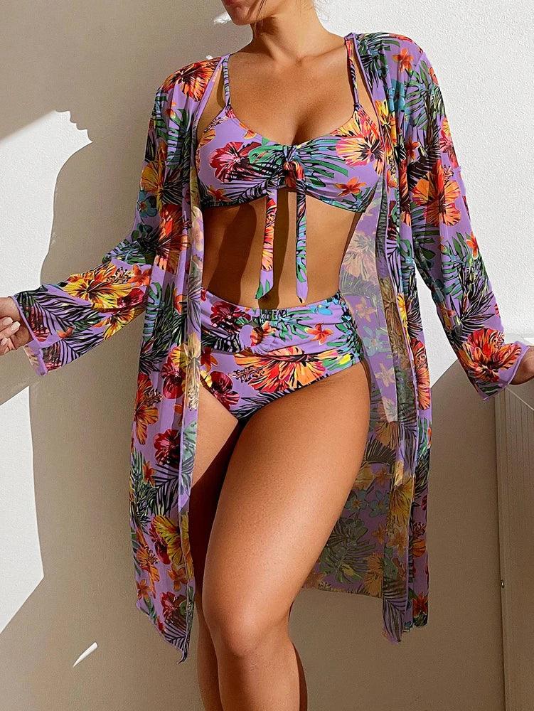 Maillot 3 pièces floral femme, taille haute, avec blouse légère
