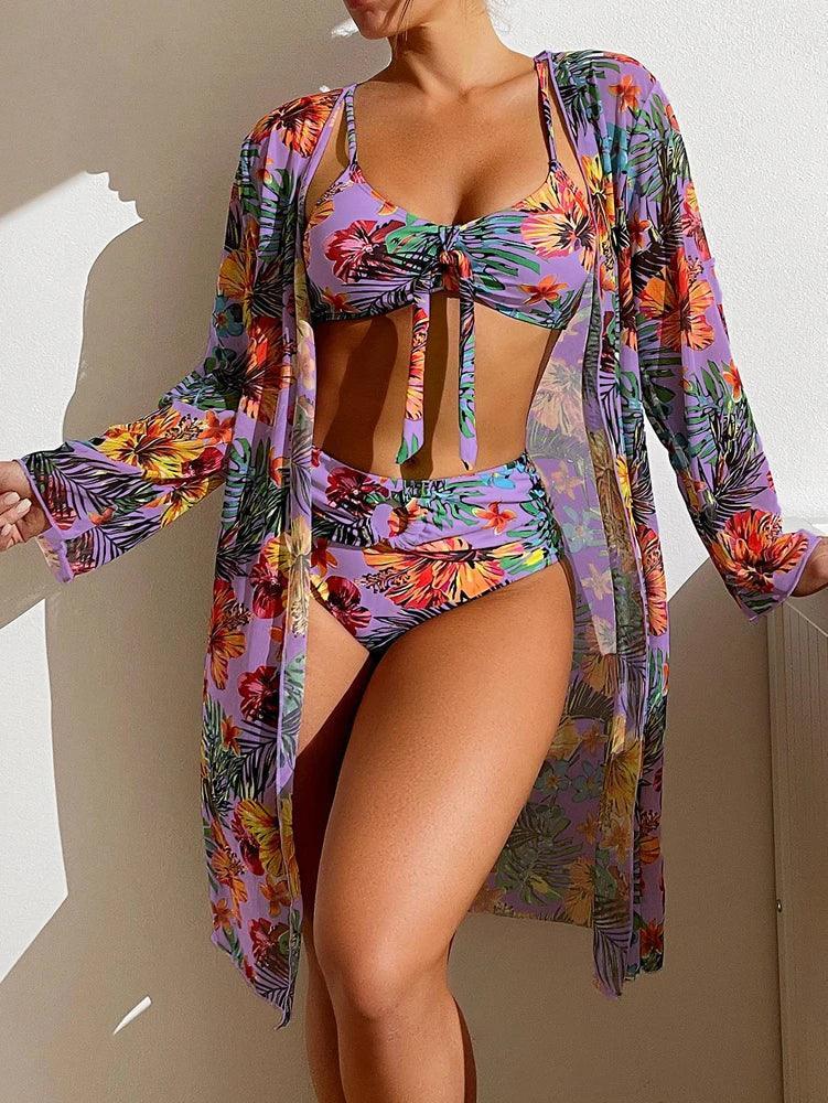 Maillot 3 pièces floral femme, taille haute, avec blouse légère - maillot de bain GoHappy