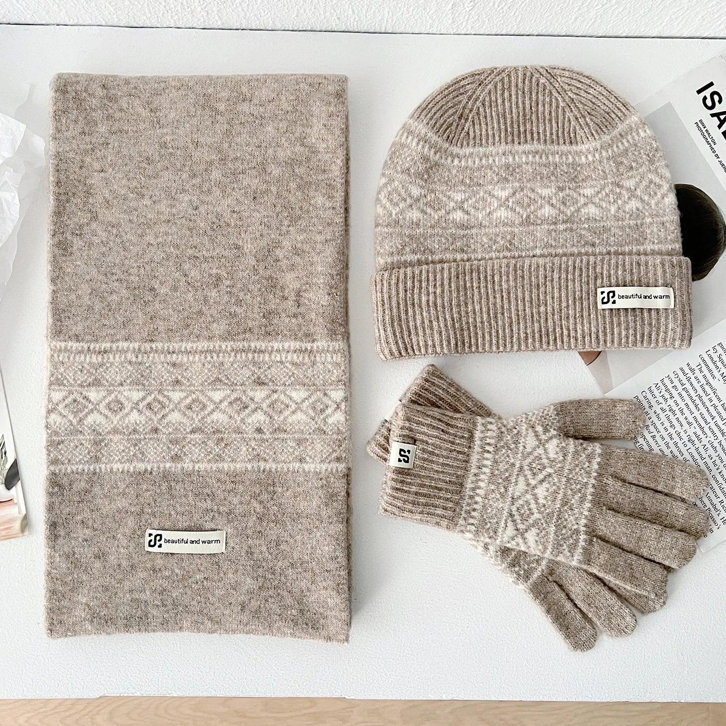 Ensemble Hiver Femme 3 Pièces Écharpe Bonnet Gants Laine Doux - bonnet hiver GoHappy