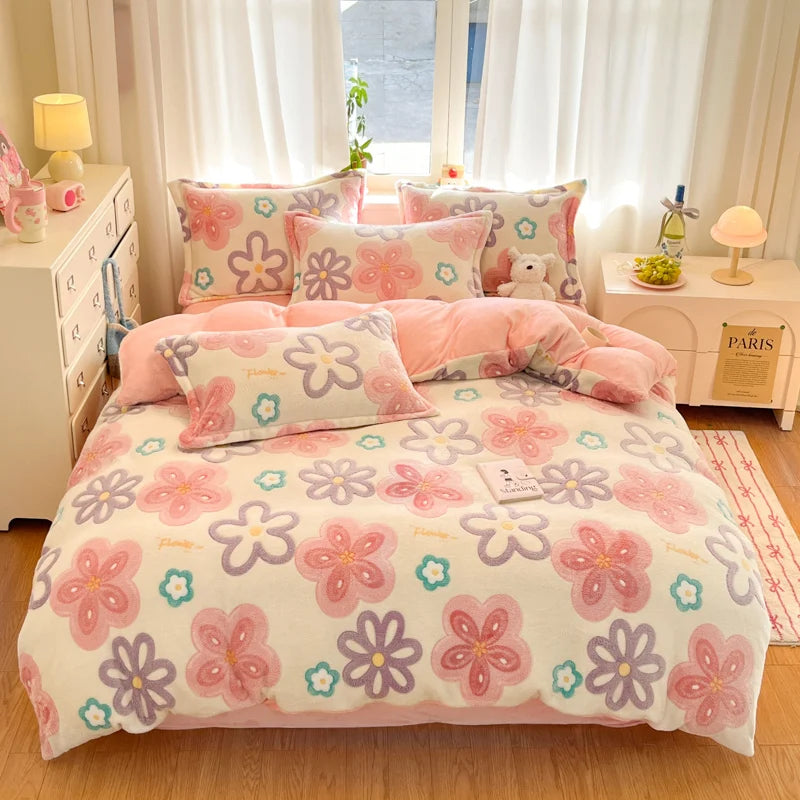 Housse Couette Flanelle Florale Hiver Douce Chaude 150-220cm
