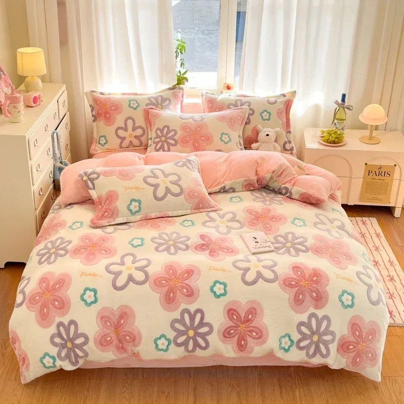 Housse Couette Flanelle Florale Hiver Douce Chaude 150-220cm - linge de lit GoHappy