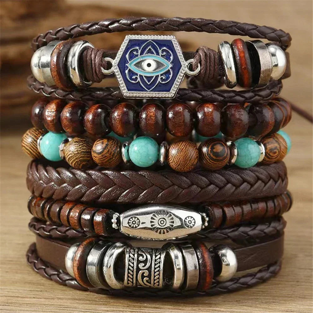 Bracelets ethniques en cuir et perles – Lot de 5 à 6 pièces – Style bohème et spirituel