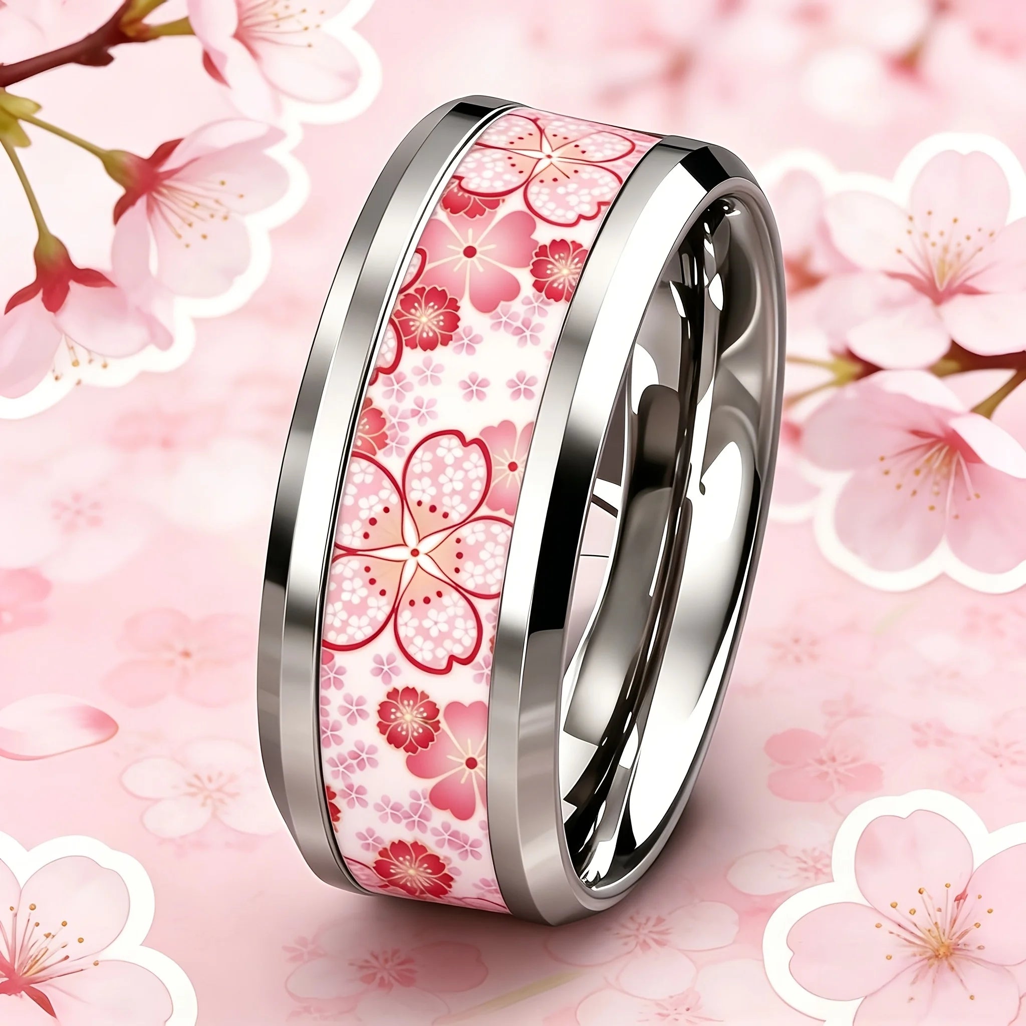 Sakura Bloom bague acier inoxydable fleur de cerisier