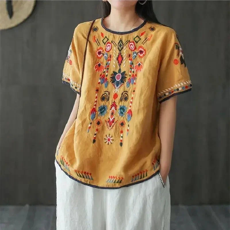 Haut bohème ethnique brodé en coton lin - t-shirt femme GoHappy