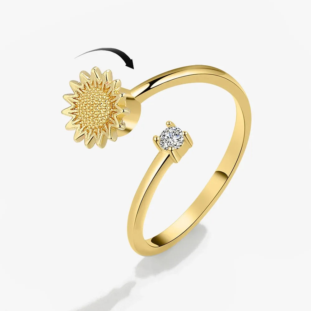 Bagues Spinner Rotatives Fleur Abeille en Cristal Argent Ajustables