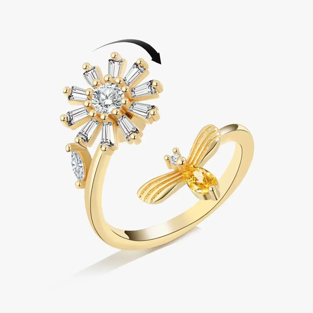 Bagues Spinner Rotatives Fleur Abeille en Cristal Argent Ajustables - bague femme GoHappy