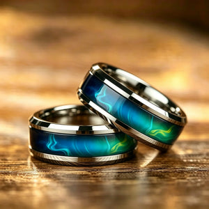 bague homme acier inoxydable motif aurore boréale bleu vert cadeau bijou tendance GoHappy.fr