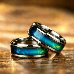 bague homme acier inoxydable motif aurore boréale bleu vert cadeau bijou tendance GoHappy.fr
